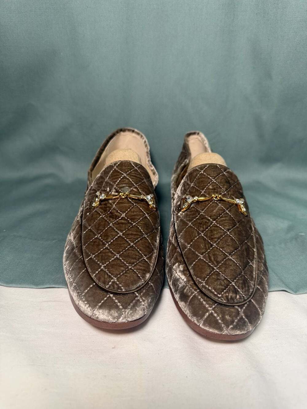 Sam Edelman Loraine Quilted Velvet Loafers Taupe Gray Crystal Bit Flats 10